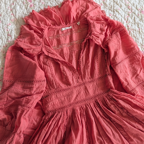 Dresses & Skirts - Doen Coral Pink Boho Lace-Trim Dress